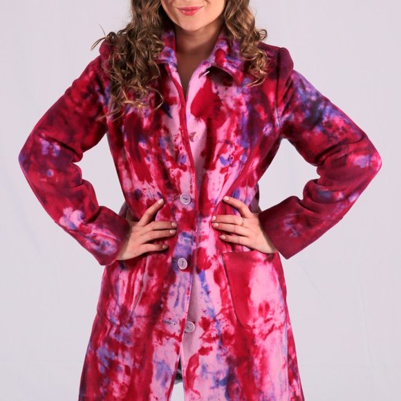 Hand Crafted Jackets & Blazers - Wool Winter Long pea Coat Pink Red blue purple white small medium 6 8 10 tiedyed